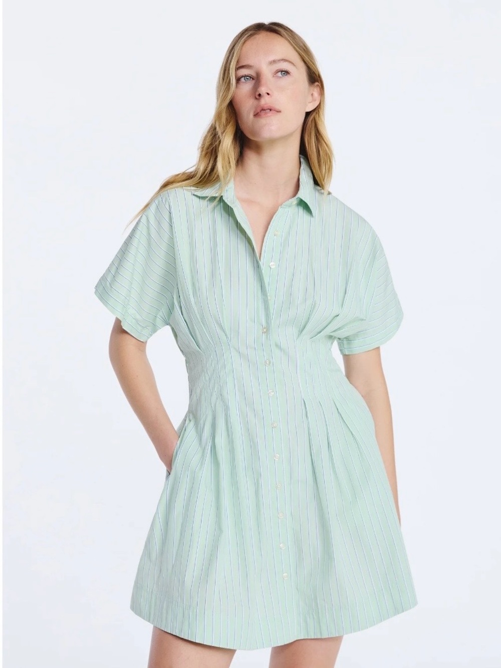 NWT! Free Assembly Light Green Striped Button Front Shirt Dress. Medium.